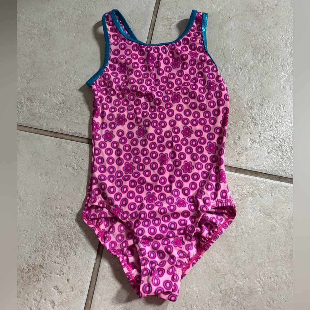 GK Pink Gymnastics Leotard with Blue Trim Accents